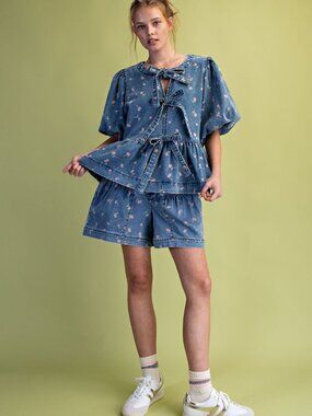 EASEL CHERRY PRINT WASHED TWILL SHORTS AND TOP MATCHING SET 100% COTTON